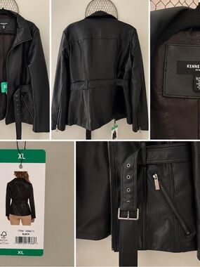 Kenneth Cole New York Faux Leather Belted Jacket XL NWT Black